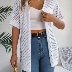 Women S Vertical Stripe Hollow Out Short Sleeve Knit Cardigan Cover-Up - Image 10