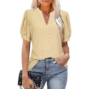 Spring & Summer Casual V-neck Solid Color Hollow-out Puff Sleeve Loose T-shirt Summer Shirt For Women - Image 9