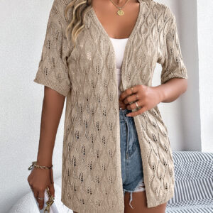 Women S Leaf Hollow Out Short Sleeve Knit Cardigan Vacation Cover-Up - Image 5