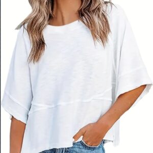 Women's Clothing Solid Color Crew Neck Loose Basic T-shirt - Image 3