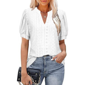 Spring & Summer Casual V-neck Solid Color Hollow-out Puff Sleeve Loose T-shirt Summer Shirt For Women - Image 7