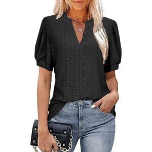 Spring & Summer Casual V-neck Solid Color Hollow-out Puff Sleeve Loose T-shirt Summer Shirt For Women - Image 3