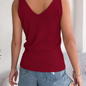 Women S Solid Color V-Neck Hollow Out Sleeveless Knit Vacation Tank - Image 6