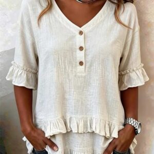 Women's Retro V-neck Ruffled Loose Short Sleeves - Image 1