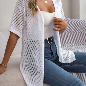 Women S Vertical Stripe Hollow Out Short Sleeve Knit Cardigan Cover-Up - Image 4