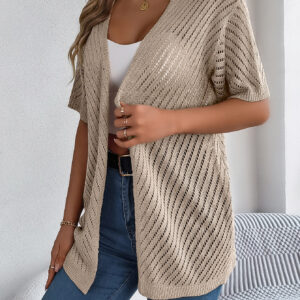 Women S Vertical Stripe Hollow Out Short Sleeve Knit Cardigan Cover-Up - Image 6