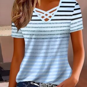 European And American Cross-Border New Women's Fashion Amazon Ladies Trendy Cross-Shoulder V-Neck Printed T-Shirts - Image 1