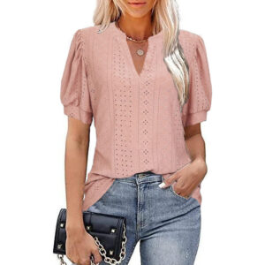 Spring & Summer Casual V-neck Solid Color Hollow-out Puff Sleeve Loose T-shirt Summer Shirt For Women - Image 8