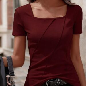 2026 Summer European And American Cross-border Foreign Trade Amazon Elegant Solid Color Women's Square-neck Short-sleeve T-shirts - Image 5