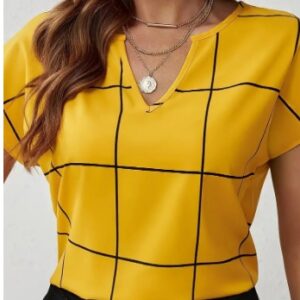 Plaid Print Notched Neck Blouse, Casual Short Sleeve Blouse For Spring & Summer, Women's Clothing - Image 3