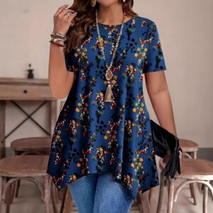 European And American Cross-border Foreign Trade Amazon Women's Floral Print Casual Comfortable Round-neck T-shirt - Image 1