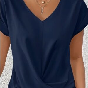Knot V Neck T-Shirt, Casual Short Sleeve T-Shirt For Spring & Summer, Women's Clothing - Image 3