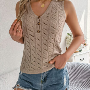 Women S Solid Color Button V-Neck Hollow Out Sleeveless Knit Vacation Top - Image 8