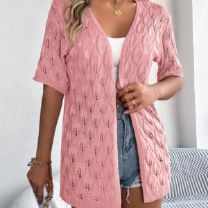 Women S Leaf Hollow Out Short Sleeve Knit Cardigan Vacation Cover-Up - Image 3