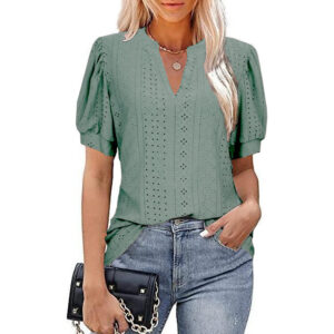 Spring & Summer Casual V-neck Solid Color Hollow-out Puff Sleeve Loose T-shirt Summer Shirt For Women - Image 5