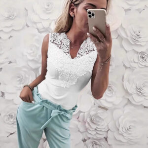 V-Neck Lace-trimmed Patchwork Sleeveless Pullover T-Shirt For Women - Image 5