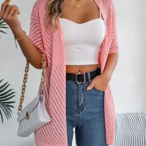 Women S Vertical Stripe Hollow Out Short Sleeve Knit Cardigan Cover-Up - Image 8