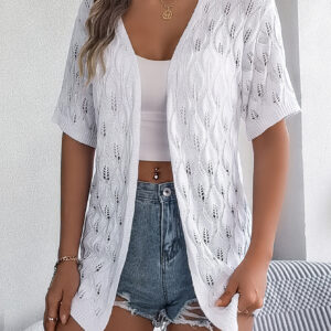 Women S Leaf Hollow Out Short Sleeve Knit Cardigan Vacation Cover-Up - Image 4