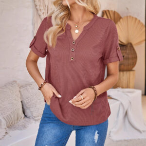 Women's Summer Button Short Sleeved Loose Solid Color Notch V-neck Pullover - Image 4