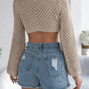 Women S Hollow Out Stripe Tie Front Long Sleeve Cropped Knit Cover-Up - Image 3
