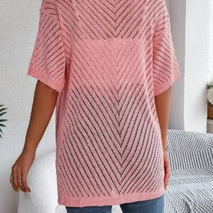 Women S Vertical Stripe Hollow Out Short Sleeve Knit Cardigan Cover-Up - Image 5