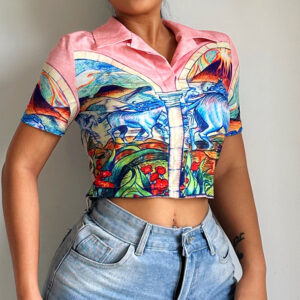 Vacation Wind Fashion Tops New Retro Print POLO Lapel Short-sleeved Umbilical Cord Shirt Female - Image 2