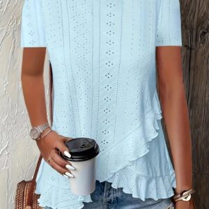 European And American Amazon Summer New Women's Fashion Plus-Size Asymmetrical Ruffled Hem Short-Sleeve Top - Image 3