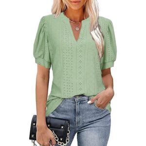 Spring & Summer Casual V-neck Solid Color Hollow-out Puff Sleeve Loose T-shirt Summer Shirt For Women - Image 6