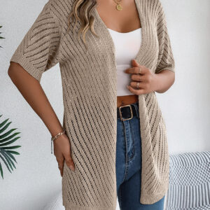 Women S Vertical Stripe Hollow Out Short Sleeve Knit Cardigan Cover-Up - Image 3