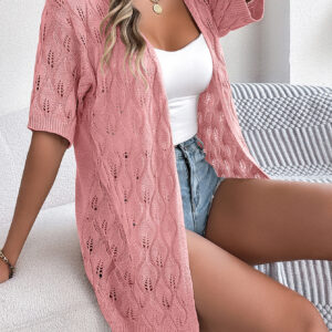 Women S Leaf Hollow Out Short Sleeve Knit Cardigan Vacation Cover-Up - Image 9