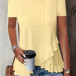 European And American Amazon Summer New Women's Fashion Plus-Size Asymmetrical Ruffled Hem Short-Sleeve Top - Image 2