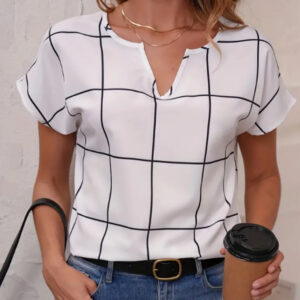 Plaid Print Notched Neck Blouse, Casual Short Sleeve Blouse For Spring & Summer, Women's Clothing - Image 1