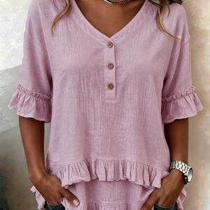 Women's Retro V-neck Ruffled Loose Short Sleeves - Image 3