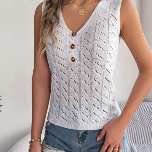Women S Solid Color Button V-Neck Hollow Out Sleeveless Knit Vacation Top - Image 9