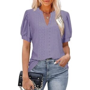 Spring & Summer Casual V-neck Solid Color Hollow-out Puff Sleeve Loose T-shirt Summer Shirt For Women - Image 2
