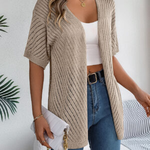 Women S Vertical Stripe Hollow Out Short Sleeve Knit Cardigan Cover-Up - Image 7