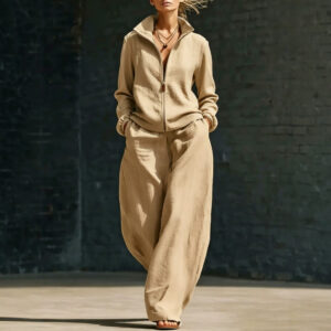 Womens Stand-Neck Cardigan And Zippered Pants Set - Image 3
