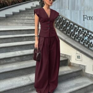 V-neck Sleeveless Wide-leg Pants Set - Image 1