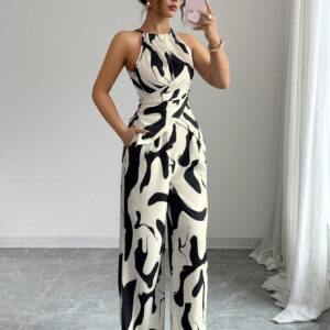 Slim And Loose Black And White Milk Pattern Print Halter Neck Suit - Image 3