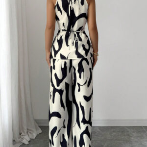 Slim And Loose Black And White Milk Pattern Print Halter Neck Suit - Image 4