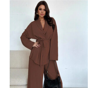 Women's V-Neck Long Sleeve Top and Wide Leg Pants Set - Elegant Two Piece Outfit for Fall Winter Casual Wear - Image 8