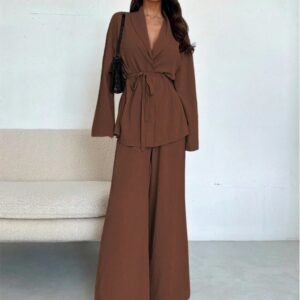 Women's V-Neck Long Sleeve Top and Wide Leg Pants Set - Elegant Two Piece Outfit for Fall Winter Casual Wear - Image 7