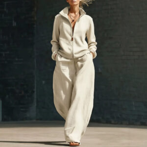 Womens Stand-Neck Cardigan And Zippered Pants Set - Image 5