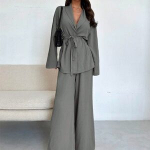 Women's V-Neck Long Sleeve Top and Wide Leg Pants Set - Elegant Two Piece Outfit for Fall Winter Casual Wear - Image 9