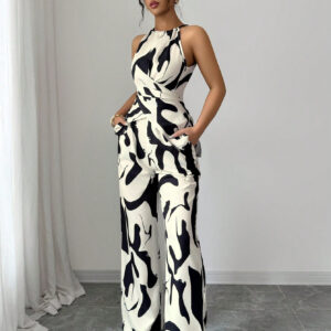 Slim And Loose Black And White Milk Pattern Print Halter Neck Suit - Image 5