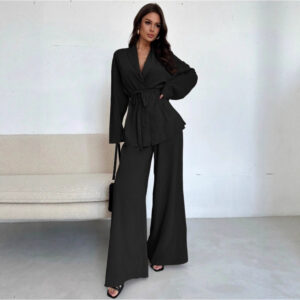 Women's V-Neck Long Sleeve Top and Wide Leg Pants Set - Elegant Two Piece Outfit for Fall Winter Casual Wear - Image 3