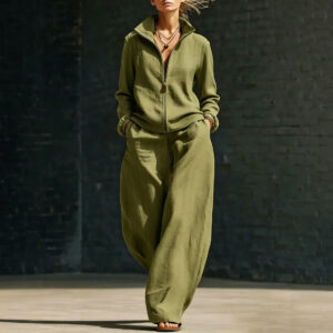 Womens Stand-Neck Cardigan And Zippered Pants Set - Image 6